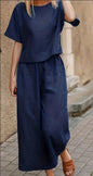 Chic Solid Two-piece Set - Comfortable Crew Neck T-Shirt & Flattering Wide Leg Pants - Effortless Casual Womens Clothing