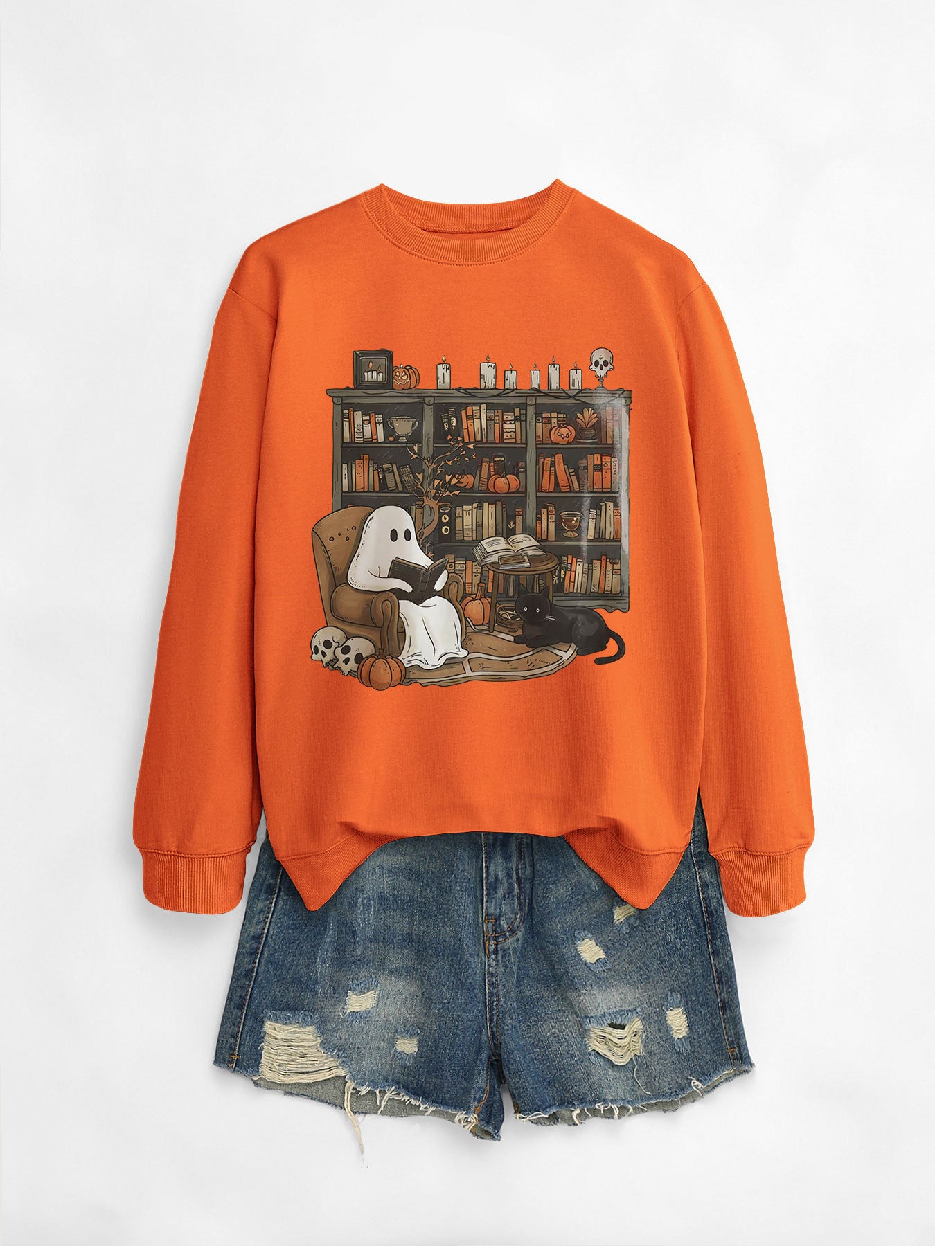 Womens Printed Bookshelf Ghost Black Cat Round Neck Sweater