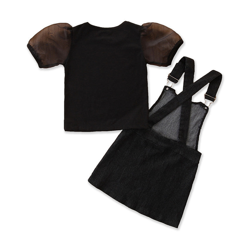 Girls' Short-sleeved Suit Puff Sleeve Black T-shirt