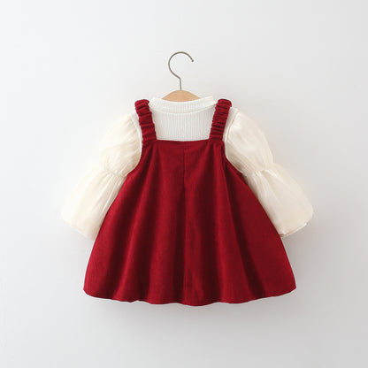 Girls Long Sleeve Bowknot Corduroy Suspender Skirt Outfit