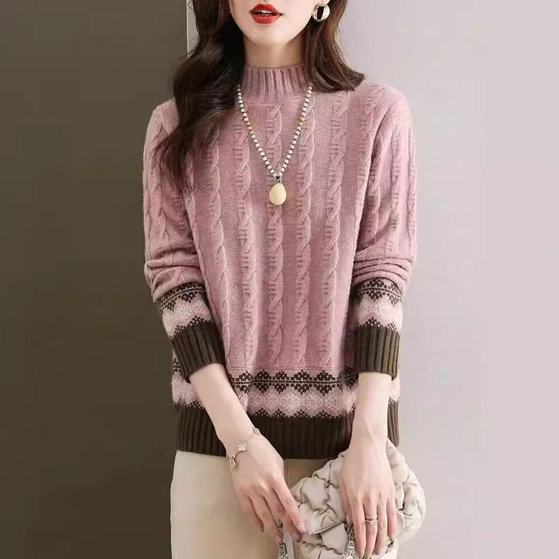 Women's Sweater Autumn And Winter New Half Turtleneck Twist Color Matching Shirt