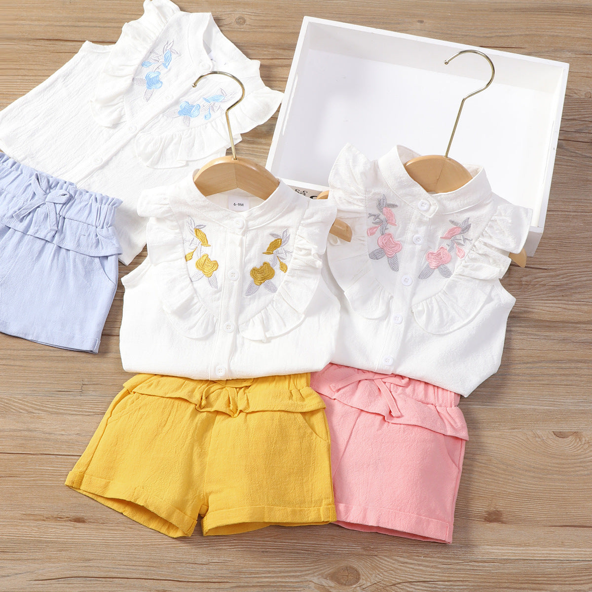 Childrens Sleeveless Embroidered Shirt Top Shorts Two-piece Set