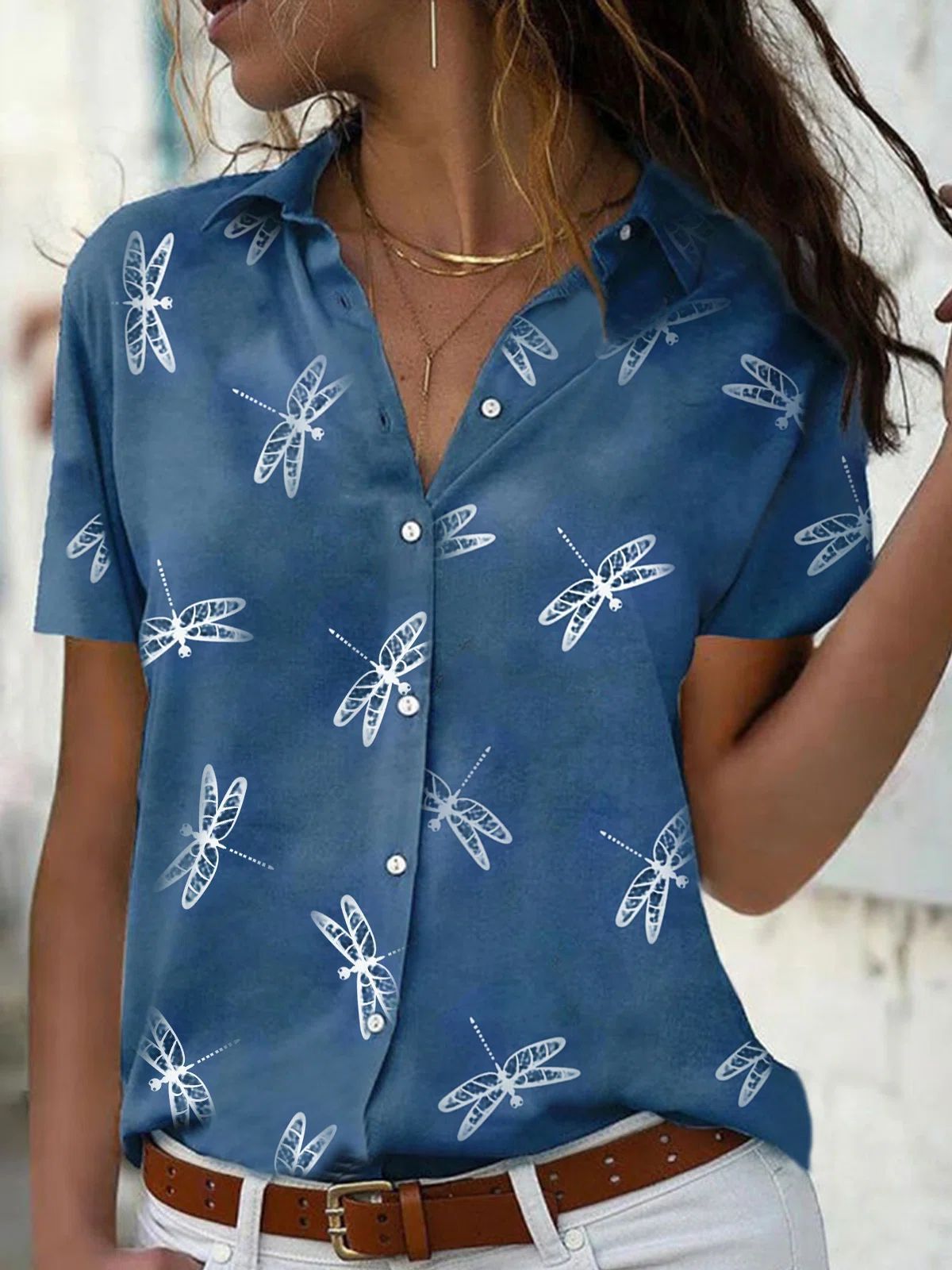 Women's Summer Cross-border Dragonfly Flower Print Short Sleeve Shirt