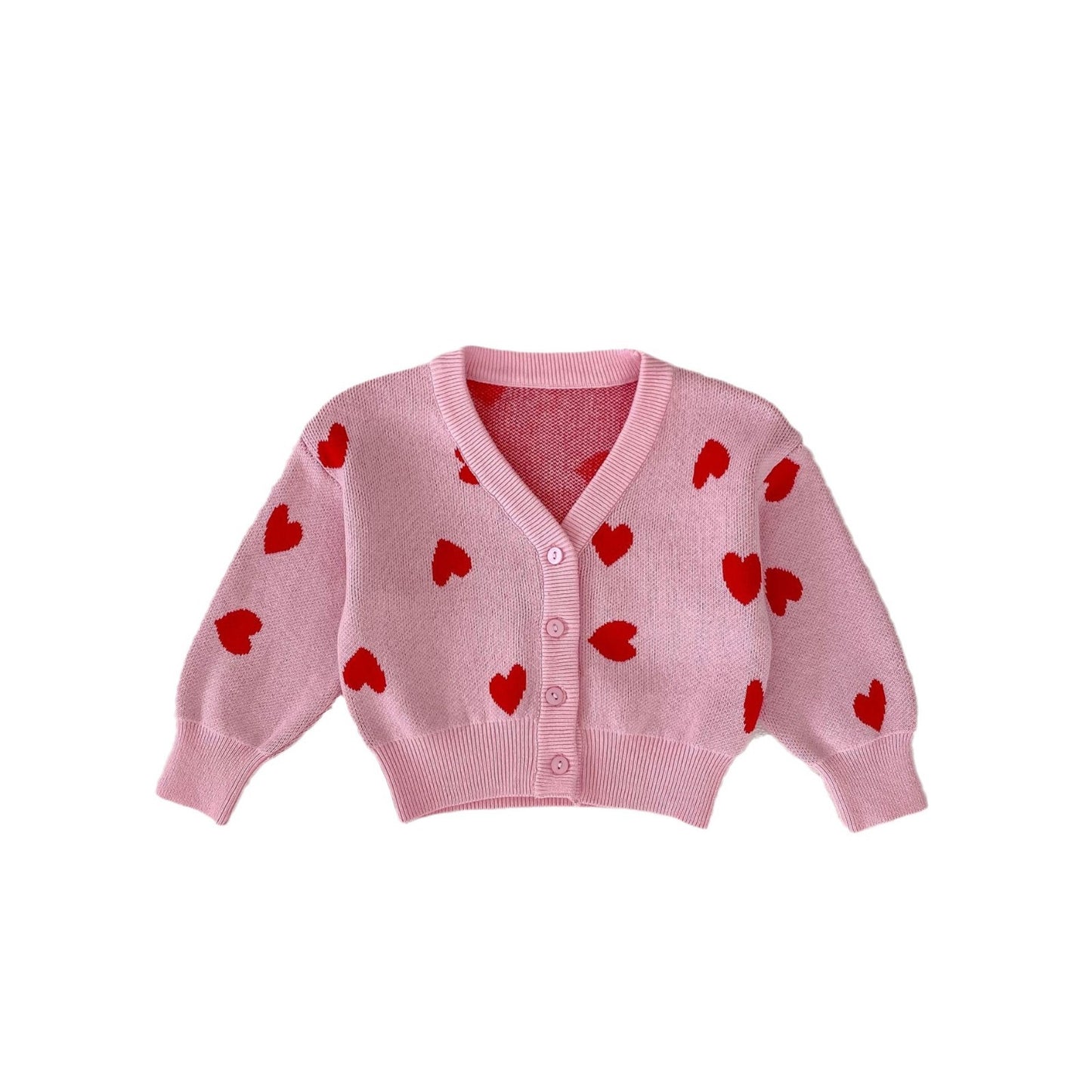 Children Pink Heart-shaped Knitted Cardigan Sweater