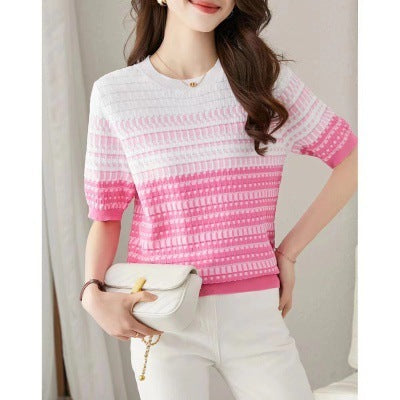 Women's Round Neck Contrast Color Jacquard Plaid Short-sleeved Sweater