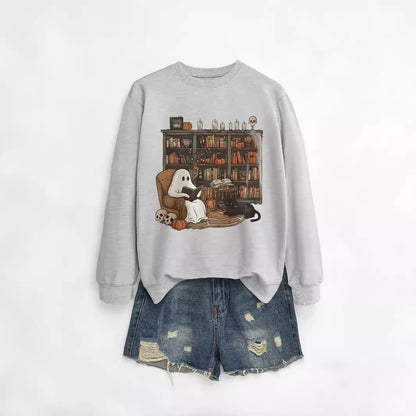 Womens Printed Bookshelf Ghost Black Cat Round Neck Sweater