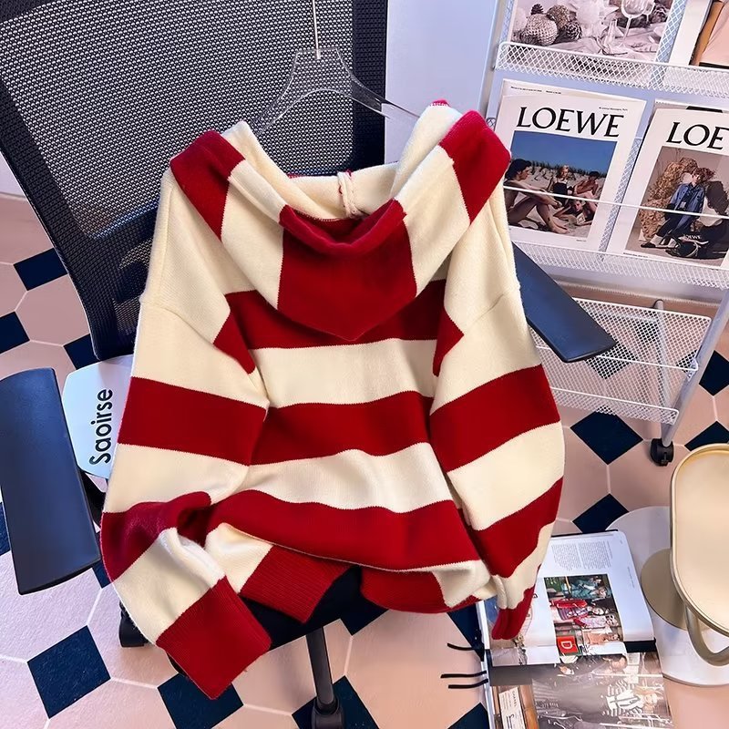 Spring And Autumn Stripes Hooded Sweater Women's Loose