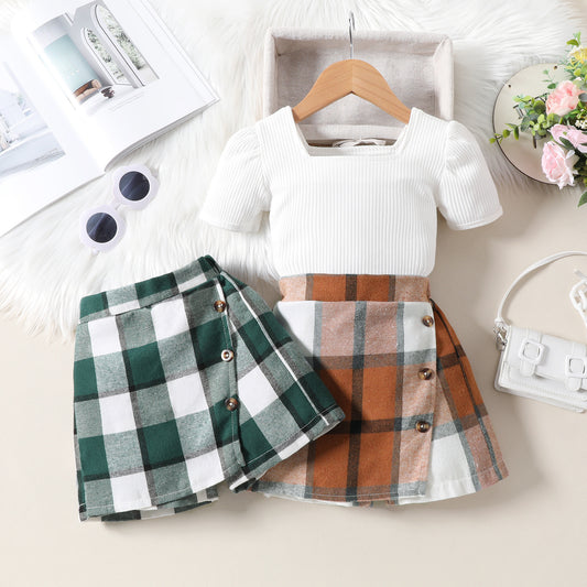 Rib Fabric Puff Short Sleeve Top Irregular Plaid Short Pantskirt Suit