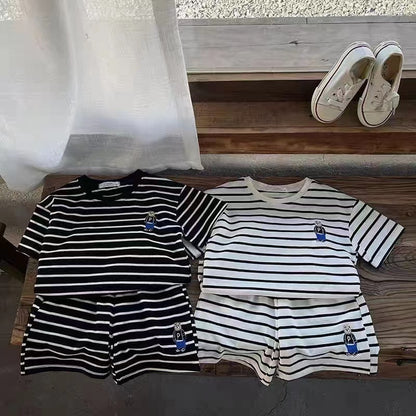 Kids Little Bear Striped Round Neck Short Sleeve Shorts