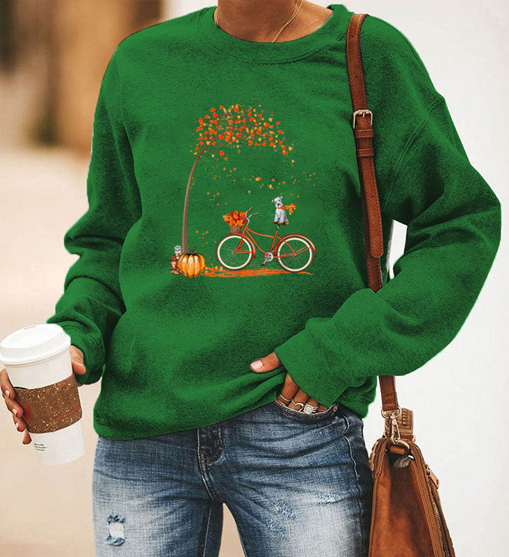 Bicycle Printing Long Sleeve Crew Neck Sweater Women