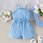 Girls' Bow Suspenders Sunken Stripe Solid Color Jumpsuit