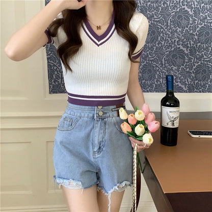 Womens  V-neck Short Sleeve Knitwear T-shirt