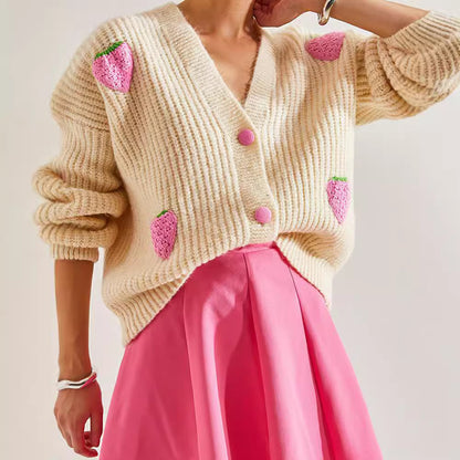 Sweet V-neck Beige Decorative Cardigan Sweater