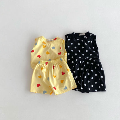 Baby Girl Thin Cotton Love Dotted Prints Vest Shorts Set