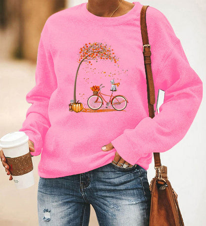 Bicycle Printing Long Sleeve Crew Neck Sweater Women