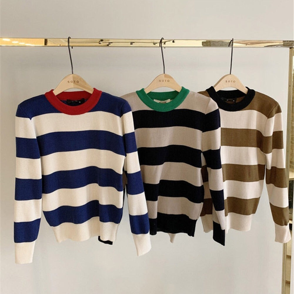 Retro Outer Wear Pullover Horizontal Striped Sweater Women