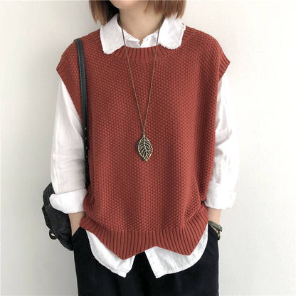 Knitted Vest Women's Vest Solid Color Loose Round Neck Irregular Pullover Short Crop-top Outerwear