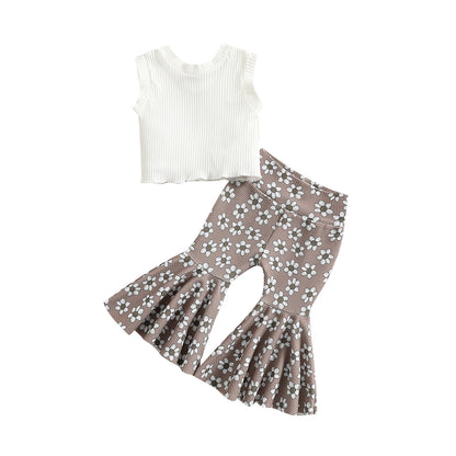 Girls' White Fresh Sleeveless Vest Printed Bell-bottom Pants Two-piece Suit