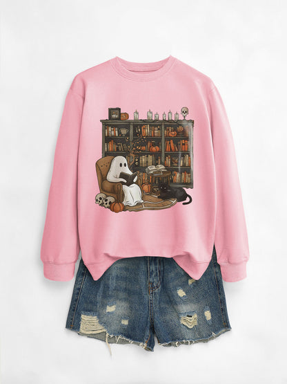 Womens Printed Bookshelf Ghost Black Cat Round Neck Sweater