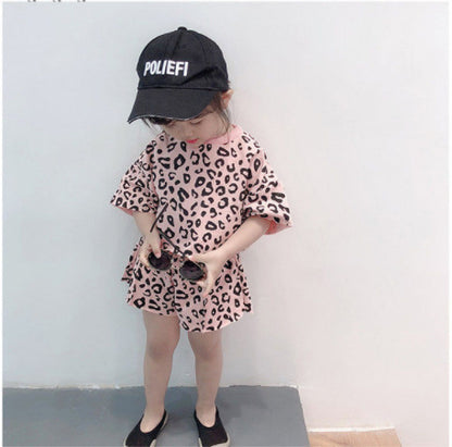 Girls Short-sleeved Shorts Treasure Leopard Print Two-piece