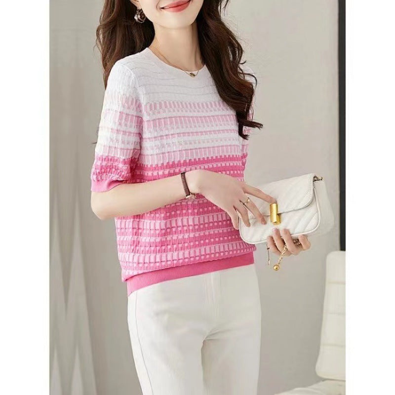 Women's Round Neck Contrast Color Jacquard Plaid Short-sleeved Sweater