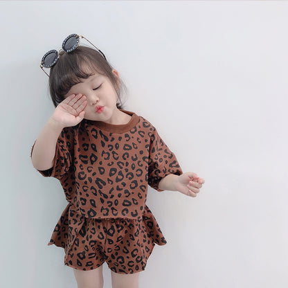 Girls Short-sleeved Shorts Treasure Leopard Print Two-piece