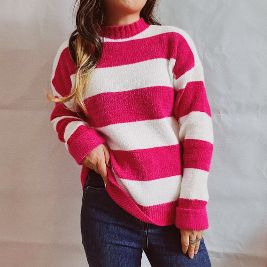 Casual Bold Stripes Candy Color Round Neck Long Sleeve Knitted Pullover