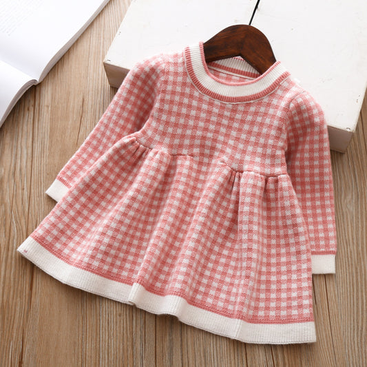 Girls' Plaid Knitted Sweater Shirt Dress