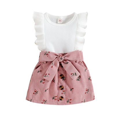 Kids Pit Strip Sleeves Floral Corduroy Skirt Two-piece Suit