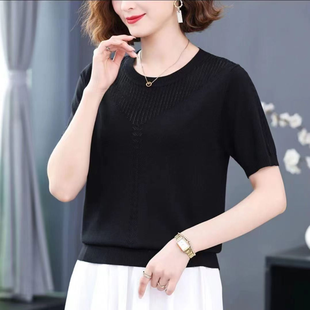 Womens Hollow-out Ice Silk Short Sleeve Round Neck Knitted Shirt