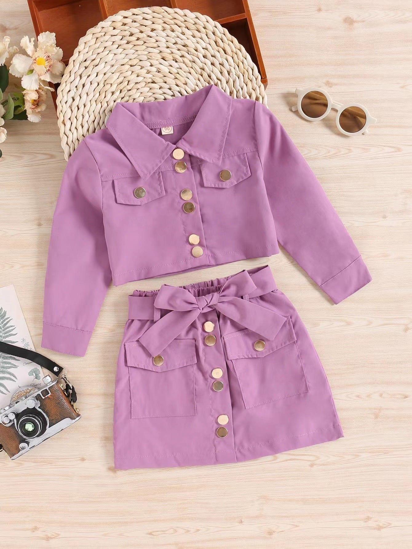 Long Sleeve Short Lapels Jacket Top Bow A- Line Skirt Outfit Cross Border