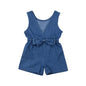 Girls' Cotton Denim Bowknot Jumpsuit