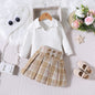 Children Striped Long Sleeve With College Style Plaid Pleated Short Skirt Two-piece Suit