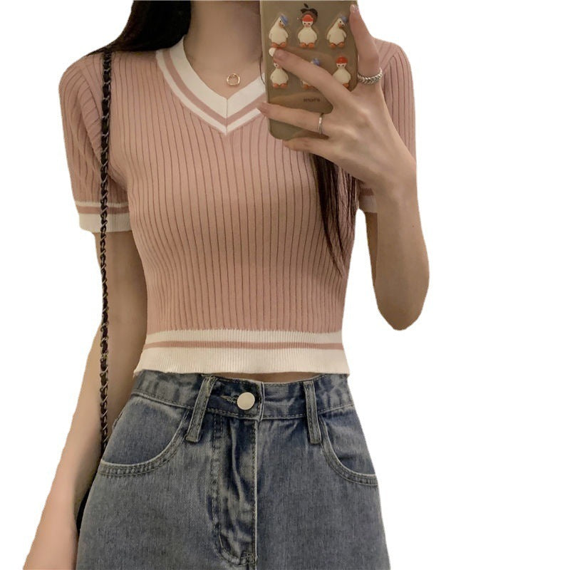 Womens  V-neck Short Sleeve Knitwear T-shirt