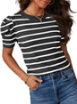 Women's Short Puff Sleeve Knitted Top Striped T-shirt