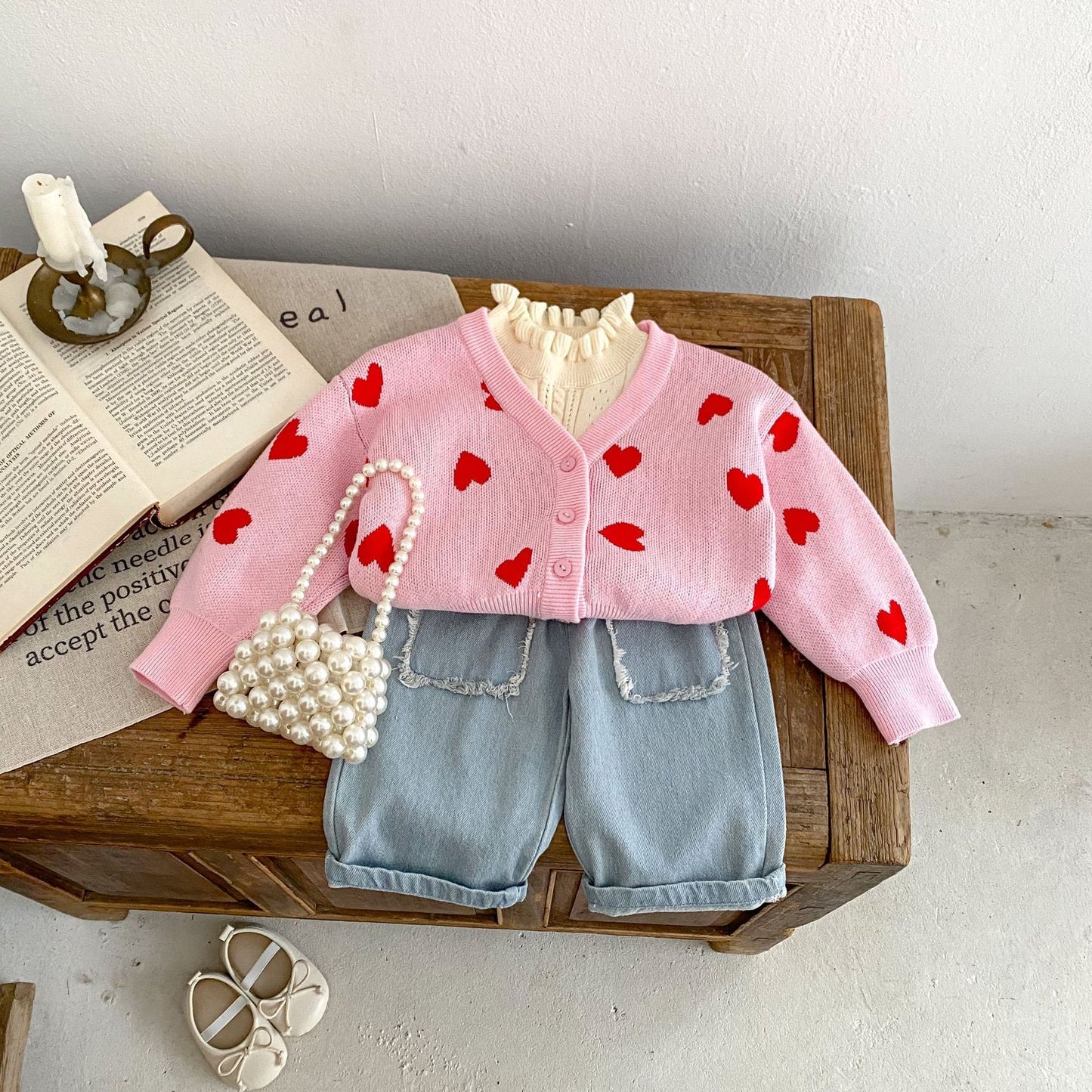 Children Pink Heart-shaped Knitted Cardigan Sweater