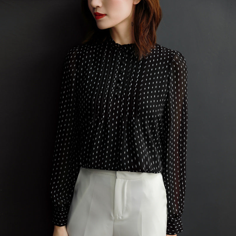 Womens Stand Collar Polka Dot Chiffon Shirt Long Sleeve