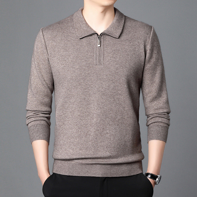 Men's Lapel Pullover Long Sleeve Knitted Sweater-100% Wool