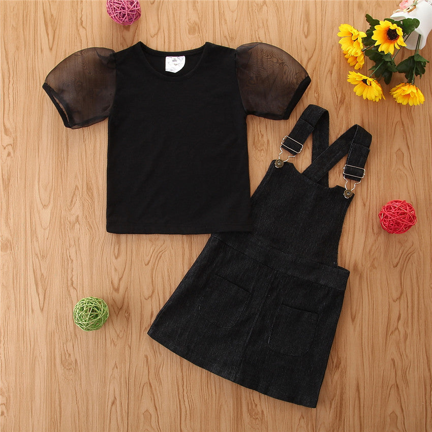 Girls' Short-sleeved Suit Puff Sleeve Black T-shirt