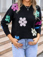 Women's Sweater Flowers Color-block Crew Neck