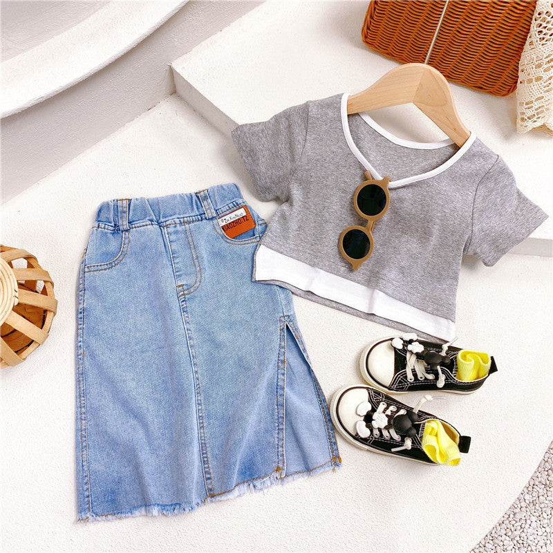 Childrens Two Piece Short Sleeved Denim Skirt