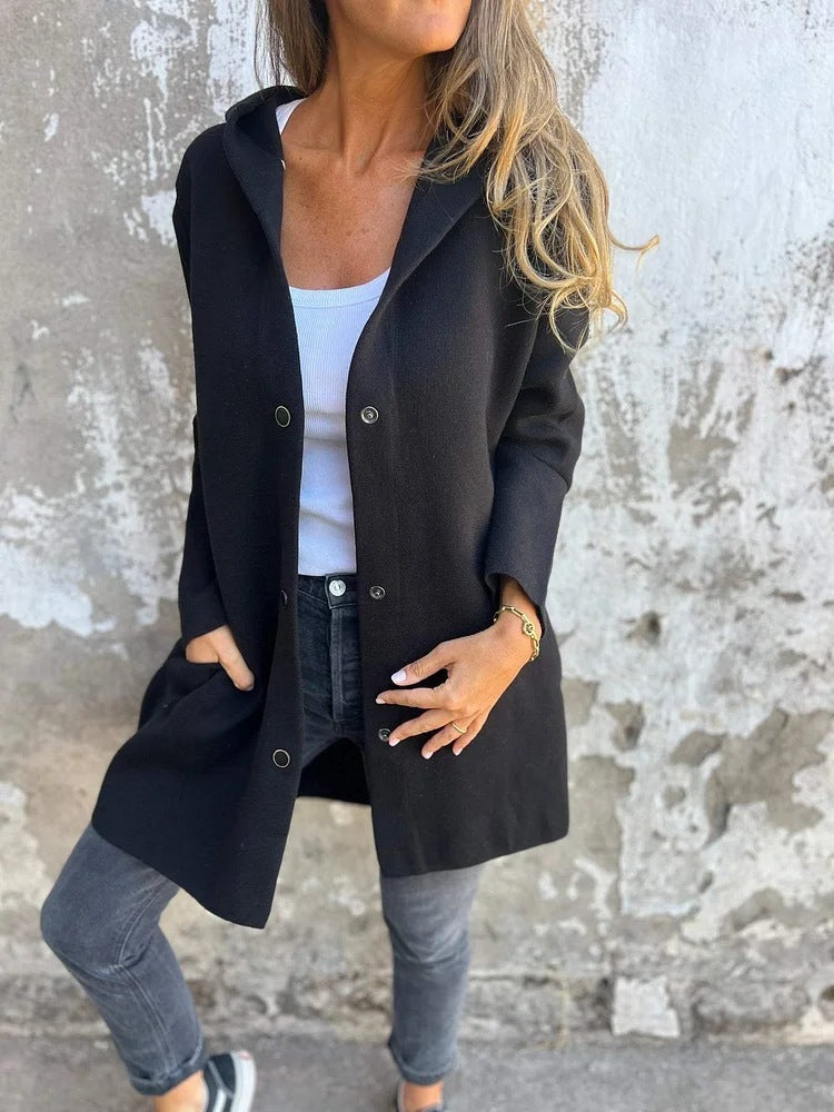 Casual Hooded Single-Breasted Cardigan Fashion Loose Solid