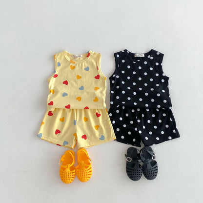 Baby Girl Thin Cotton Love Dotted Prints Vest Shorts Set