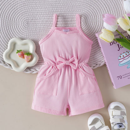 Girls' Bow Suspenders Sunken Stripe Solid Color Jumpsuit