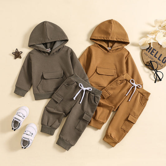 Solid Color Hooded Sweater With Pockets Overalls Suit Two-piece Set