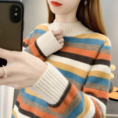 Mock-neck Stripes Sweater For Women