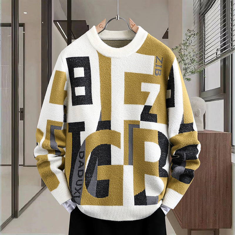 Men's Letter Jacquard Round Neck Loose Casual Sweater