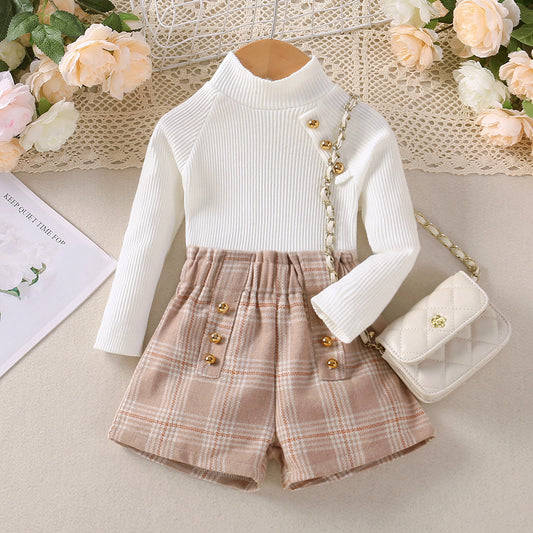 Girls' Autumn And Winter Suit Children High Neck Ribbing Top Plaid Woolen Shorts Trendy Two-piece Suit