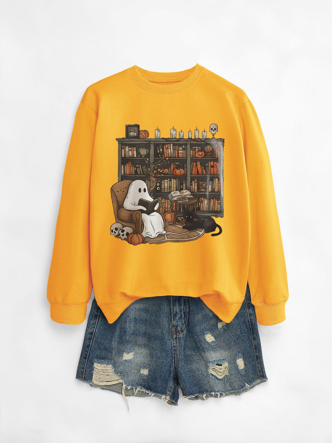 Womens Printed Bookshelf Ghost Black Cat Round Neck Sweater