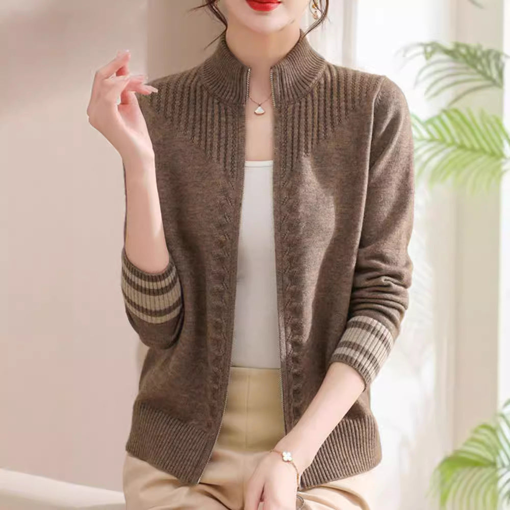 Stand Collar Zipper Wool Cardigan Coat For Women